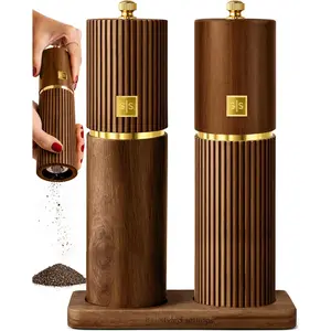 Refillable Manual Wooden Salt and Pepper Grinder Set with Adjustable Ceramic Burrs Gold Detailing and Wood Stand Dark Wood