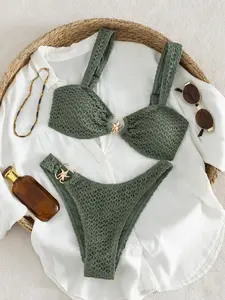 Ladies' bikini swimsuit, elegant and sexy solid color mesh swimsuit retro bikini starfish accessory detail holiday beach outfit, beach outfit, swim and sportear, suitable for 26 spring, summer, autumn and winter.