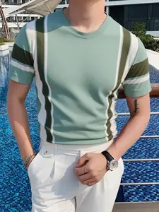 Men's basic color-blocked round-neck sweater, regular-cut knitted shirt, casual, comfortable and Fitted short-sleeved pullover, Knitwear, suitable for casual wear, highly suitable for work and as a vacation gift