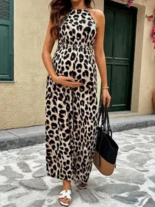 Maternity Halter Jumpsuit, Leopard Print Wide Leg Loose Style for Pregnant Women