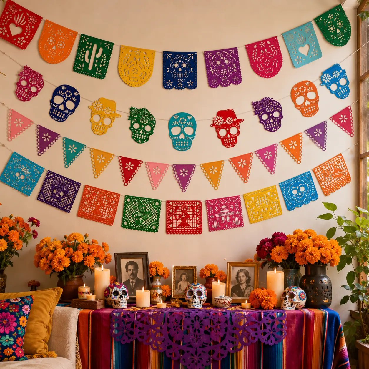 Mexican Day of the Dead Banner, Colorful Papel Picado Style Skull Garland, Dia de los Muertos Hanging Flags for Altar Wall Party Halloween Decor