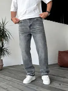 Men's Casual Vintage Loose Wide Leg Denim Shorts, All Seasons Slim-Fitting Street Style, Plain Color Pocketed Jeans, Fashionable Daily Wear