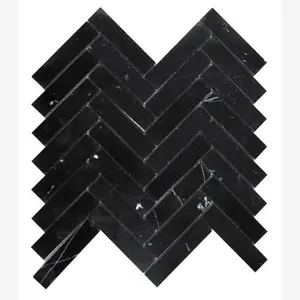 Nero Marquina 1×4 Herringbone Polished/Honed Marble Mosaic