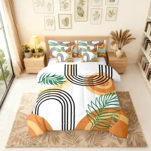 7 Pcs Mid Century Boho Comforter Set with Sheets Minimalist Stripes Geometric Bedding Set,Vintage Tropical Palm Leaves Bed in A Bag Abstract Art Simple Aesthetic Bed Set,Orange