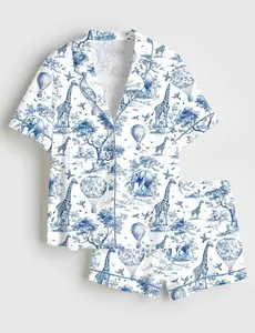 Women’s Giraffe & Elephant Animal Print Short Sleeve Silk Satin Pajama Set Soft Sleepwear