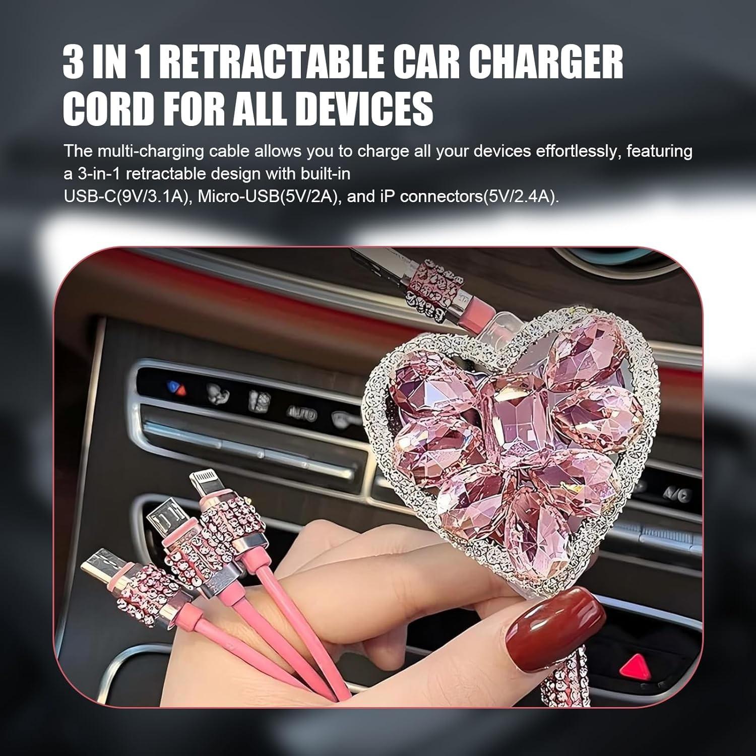 Cute Sparkly Charging Cable 3-in-1 Heart Crystal Rhinestone Aesthetic Fast Charge Car Decoration Phone Accessory TikTok Gift for Girls