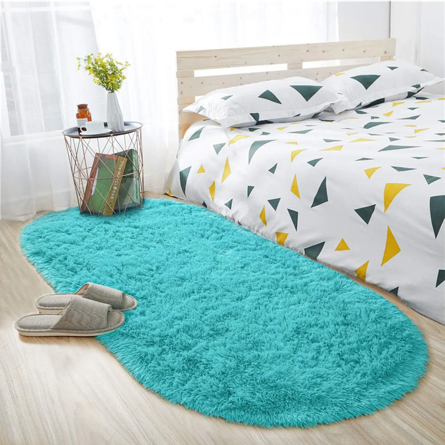 Oval Fluffy Rug Carpets, Modern Plush Shaggy Area Rug for  Bedroom Extra Comfy Cute  Rug Bedside Rug for Boys Girls Room Home Decor Mats, 2.6 x 5.3ft, Blue