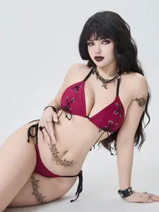 Tina Nico 2026 SS Dark Gothic Punk Avant-Garde Sexy Bombshell 2Pcs Swimsuit Set, Street Chic Metal Rivet Eye Multi-Strap Decor, Bow Tie Strap Decor, Deep Red, Black, Silver, 2026 Spring/Summer Women's Fashion New Arrival,