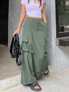 GILIPUR Army Green Drawstring Multi-Pocket Cargo Maxi Skirt — American Retro "It-Girl" Style, High-Waisted A-Line Casual Skirt — Women's Everyday Wear (TChic)