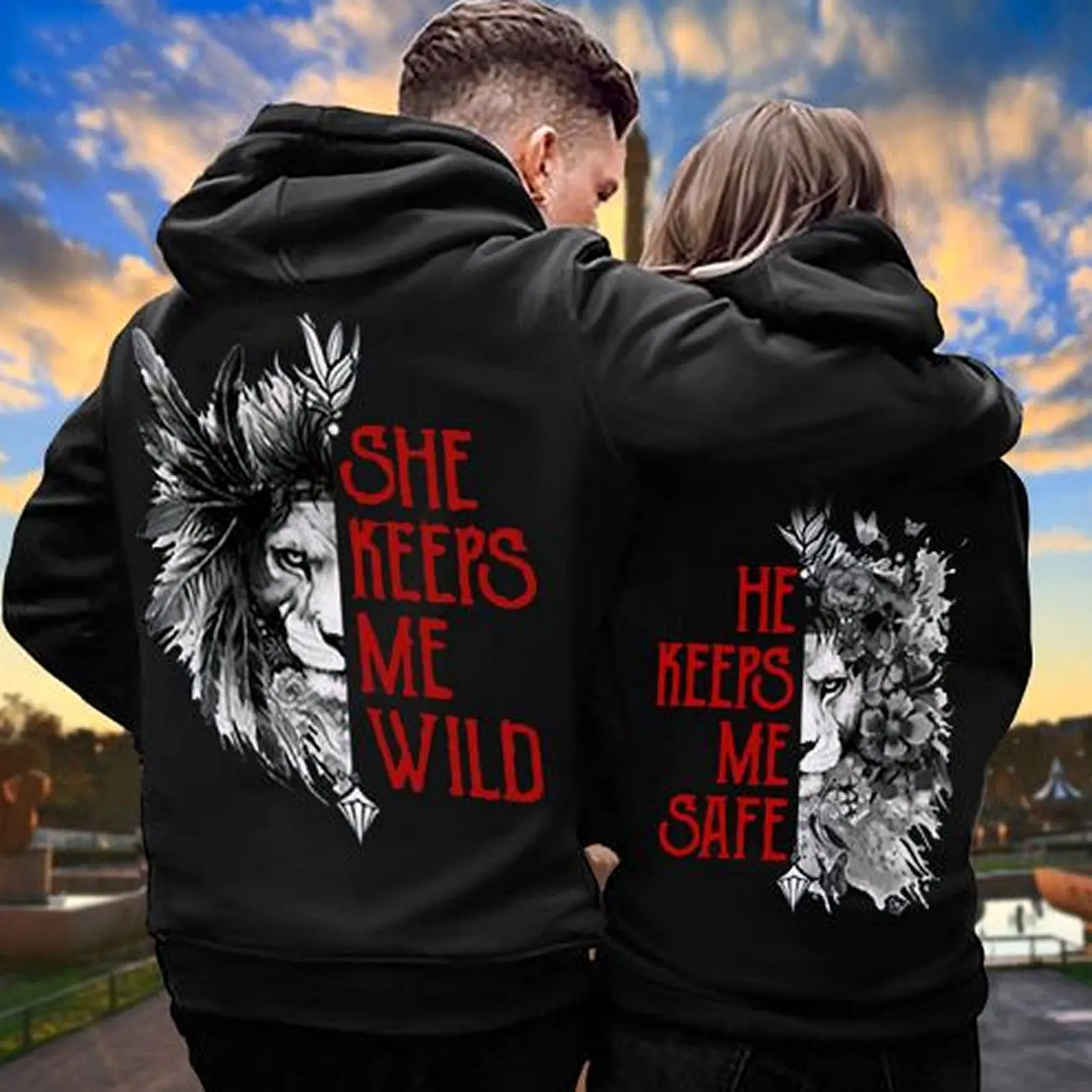 Matching Couple Hoodie with "He Keeps Me Safe She Keeps Me Wild" Lion Graphic, Unisex Pullover Top in Soft Air Jet Yarn Cotton Blend, Long Sleeve Anniversary Gift, Tops, Sweatshirts