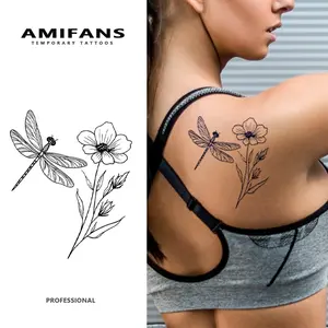 AMIFANS Temporary Tattoo Dragonfly & Floral Bloom, Semi Permanent Tattoo,Lasting 1-2 Weeks Tattoo, Long Lasting Tattoo, Juice Tattoo, Realistic Tattoo, Romantic Tattoo, Fake Tattoo, Waterproof, Authentic Tattoo Look, Niche Design Tattoo, Fruit Tattoo