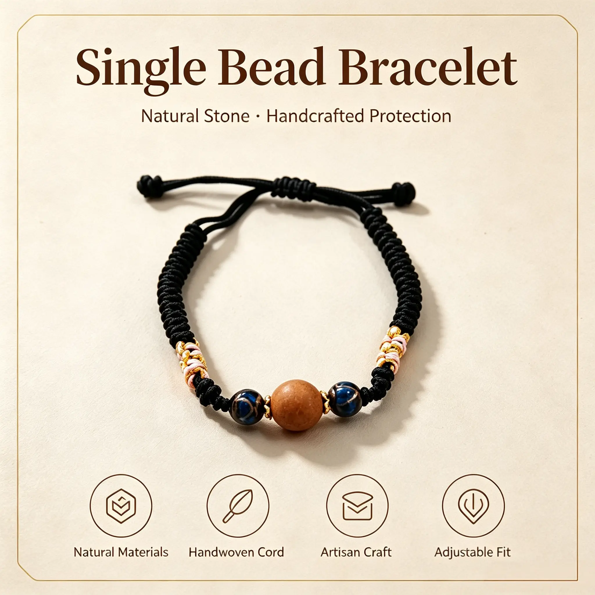 HEXIANG Single Bead Herbal Incense Bracelet - Unisex Hand-Woven Natural Rope Adjustable Wristband
