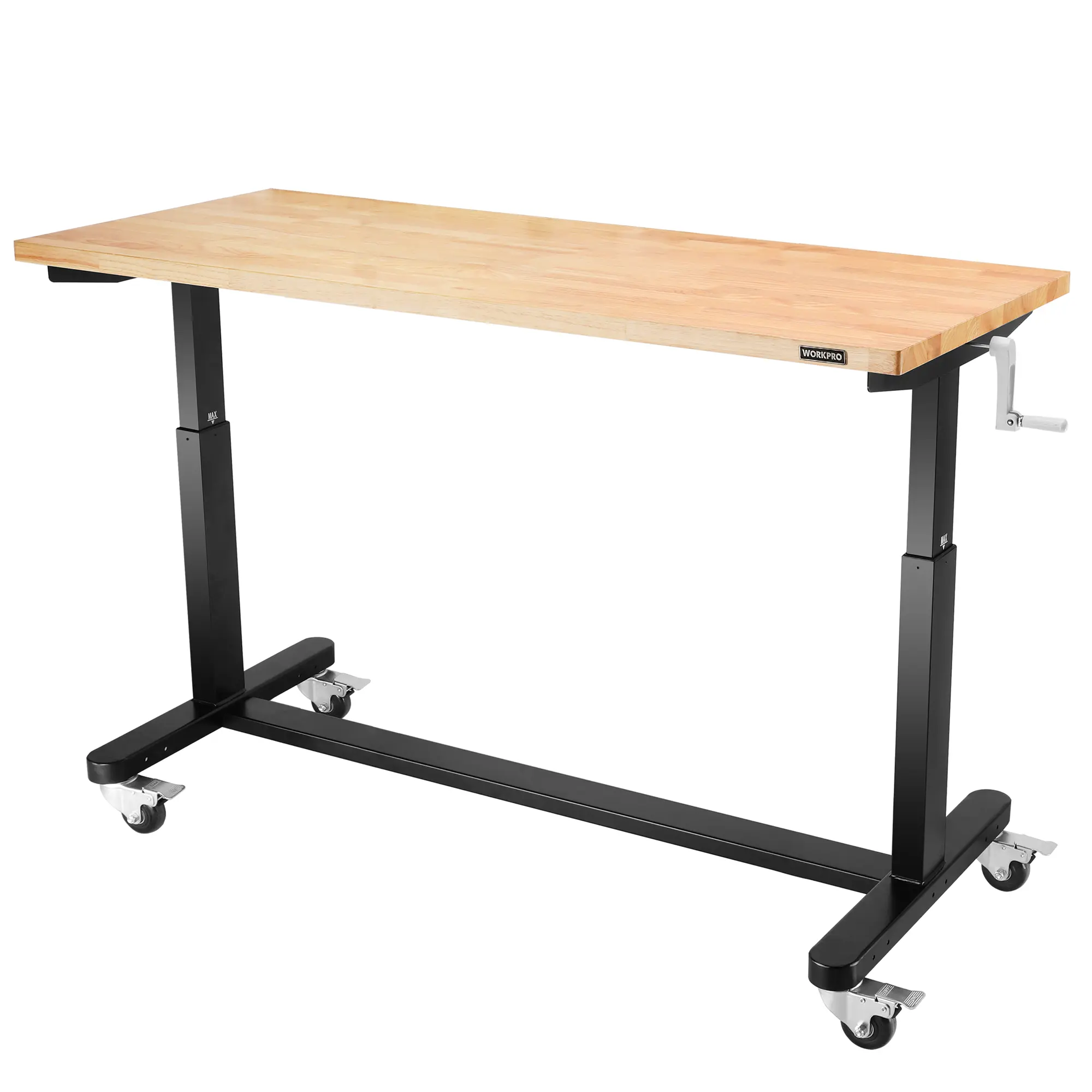 #backtoschool WORKPRO 60” Height Adjustable Work Table with Crank Handle and Casters, 60” x 24” Wooden Top Standing Desk Workbench, Heights from 29”-38”, 500 Lbs Load Capacity for Garage, Home