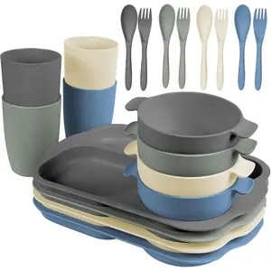 shopwithgreen Wheat Straw Dinnerware Cutlery Set, 20 PCS Kids Toddlers Divided Plates and Bowls Sets, Microwave Unbreakable Tableware Spoon Knife Cup, Dishwasher Safe for Kitchen Picnic School