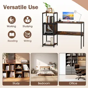 COSTWAY - Computer Desk with Bookshelf Home Office Desk with Storage Cabinet and Shelves-Rustic Brown