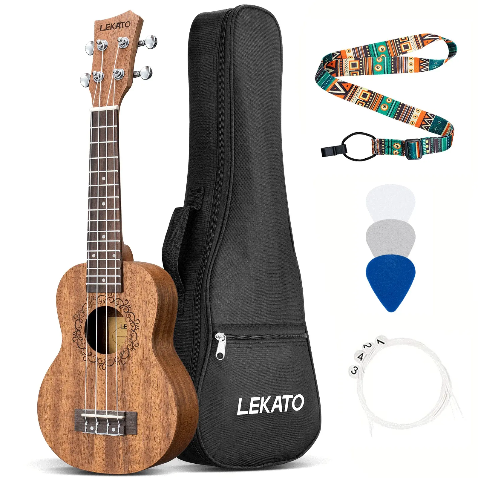 LEKATO 21 Inch Soprano Ukulele for Beginners, Starter Kit Sapele Ukelele, Professional Hawaiian Guitar Uke for Adults Kids, with Gig Bag, Strap Nylon Strings, Picks