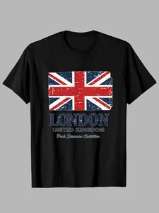 Men's casual short-sleeve T-shirt, London UK flag vintage T-shirt, British style distressed print clothing, casual and fashionable outfit suitable for everyday wear, travel, and British-style looks