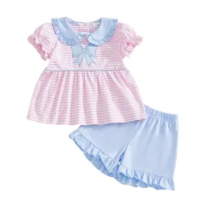 Toddler Baby Girl Striped Bow 2Pcs Outfit Peter Pan Collar Puff Short Sleeve Tunic Dress Tops Ruffle Shorts Summer Clothes