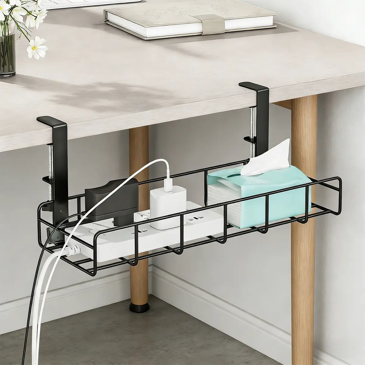Adjustable Under-Desk Power Strip Organizer, Space-Saving Office Cable Management Rack