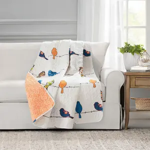 Lush Decor Rowley Birds Throw - White with Bird Patterns, Soft Cozy Design, Reversible Boho Blanket, Machine Washable, 60x50 Inches, Lightweight Cozy Blanket