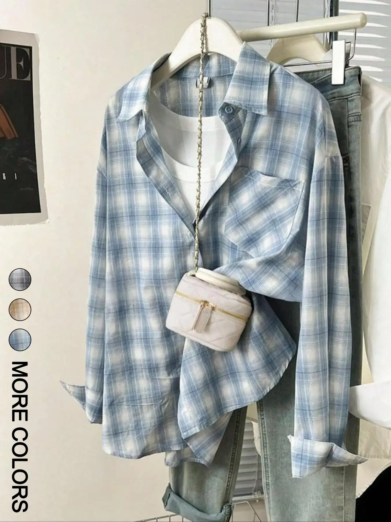 1 Piece Classic Collar Long Sleeve Buttoned Cuff Loose Plaid Collared Shirt Blouses for Daily Casual Outfit Preppy Style
