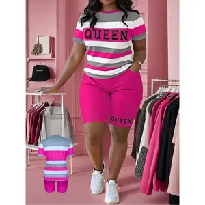 Plus Size Queen Print Striped T-Shirt and Shorts Set for Women Casual Summer 2 Piece Outfits with Pockets Sporty Tracksuit
