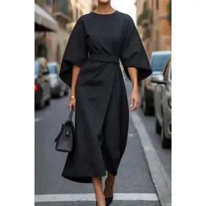 Fashionable Elegant Solid Color Waist-Cinching Dress with Batwing Sleeve Round Neck Commute Style in Brown Purple Navy Blue High Waist Polyester Fabric Spring 2026