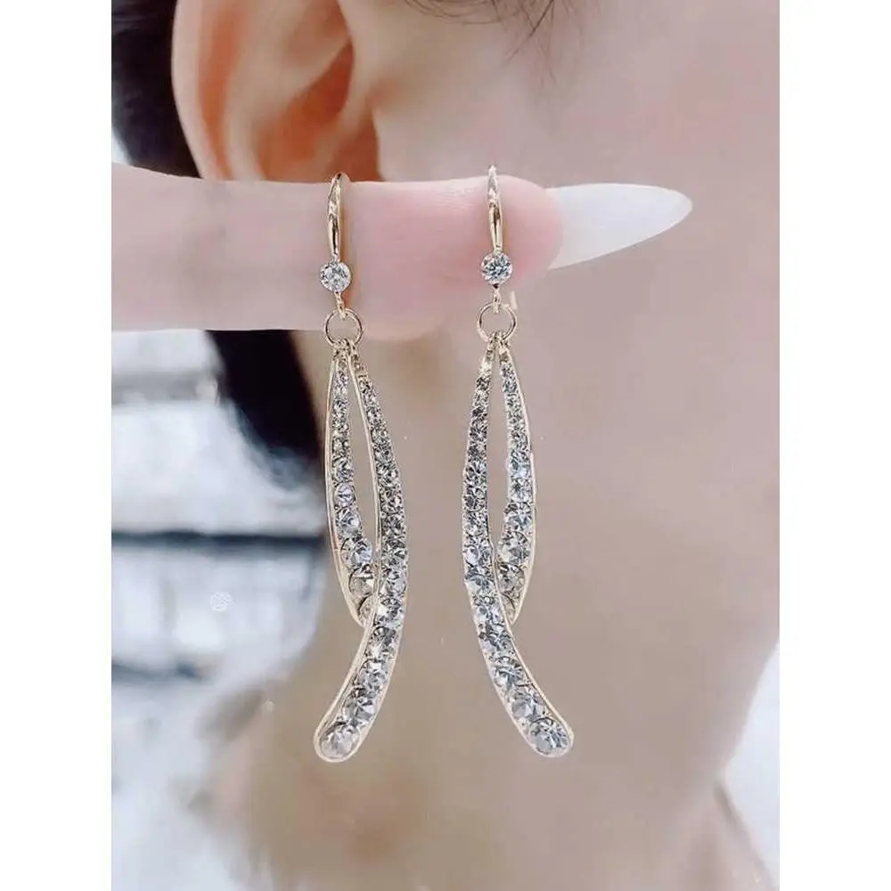 Niche Design Full Rhinestone Crossed Fishtail Earrings for Women Premium Light Elegant Influencer Ear Jewelry Dangle Earrings HNAN60