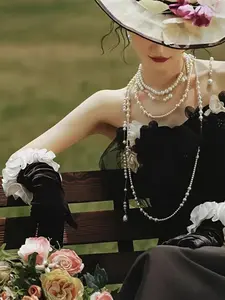 Velvet Long Lace Trim Gloves, Wedding Dance Evening Vintage Costume Accessory, Bubble Sleeve Fingerless Gloves