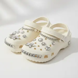 20 Pcs Bling Shoe Charms for Women – Sparkling Rhinestone Flower Pearl Gems, Silver Shoe Chains, DIY Decoration for Sandals Clogs, Birthday Party Favors & Accessories