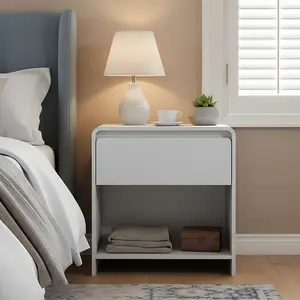 Modern Minimalist White Rectangular Side Table with 2 Drawers, Spacious Storage Rack, Charging Ports, Easy-to-Use Design for Bedroom, Living Room, Two Drawers