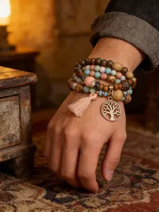 4PCS Bohemian Tree of Life Tassel Wooden Beads Bracelet Set | Multi-Layer Adjustable Wrap Bracelets | Boho Chic Vintage Jewelry | Natural Wood Stackable Bracelets | Festival Beach Vacation Gift for Women