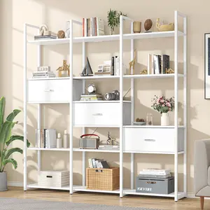 White Industrial Triple-Wide Standing Bookshelf - 73.6" Tall, 3 Drawers, 16 Open Display Shelves, Quick Assembly, Adjustable Legs, Large Etagere for Home & Office Use