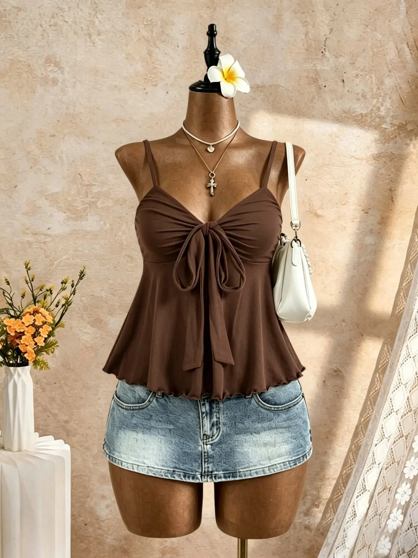 Butterfly Knot Front Ruffled Strapless Tank Top, Thin Shoulder Straps Flowy Sleeveless V-Neck Women's Summer Top, Elegant Feminine Casual Wear, Cami Sleeveless Top
