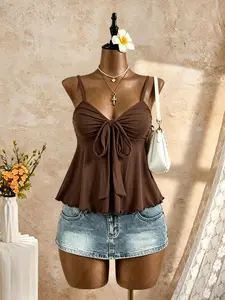 Butterfly Knot Front Ruffle Strapless Tank Top, Thin Shoulder Straps Flowy Sleeveless V-Neck Women's Summer Top, Elegant Casual Wear, Chic