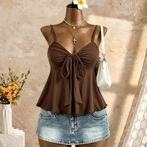Butterfly Knot Front Ruffled Strapless Tank Top, Thin Shoulder Straps Flowy Sleeveless V-Neck Women's Summer Top, Elegant Feminine Casual Wear, Cami Sleeveless Top, Camisole