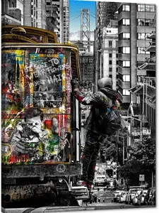 Wall Art Graffiti Painting on Canvas Man Crossing Street of City Picture Doodle Posters and Prints Framed Modern Landscape Home Decor for Living Room, Office SHJY-01594
