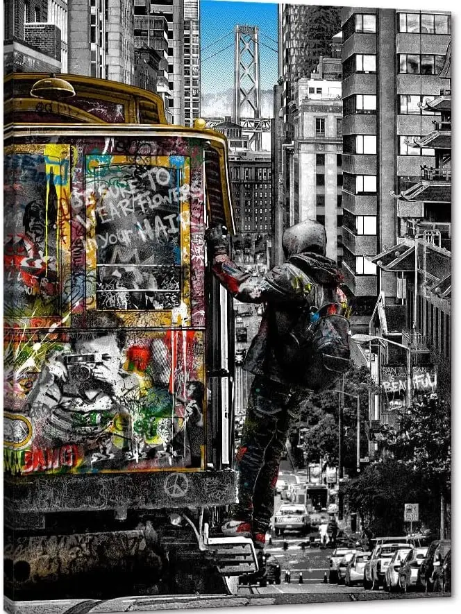 Wall Art Graffiti Painting on Canvas Man Crossing Street of City Picture Doodle Posters and Prints Framed Modern Landscape Home Decor for Living Room, Office SHJY-01594