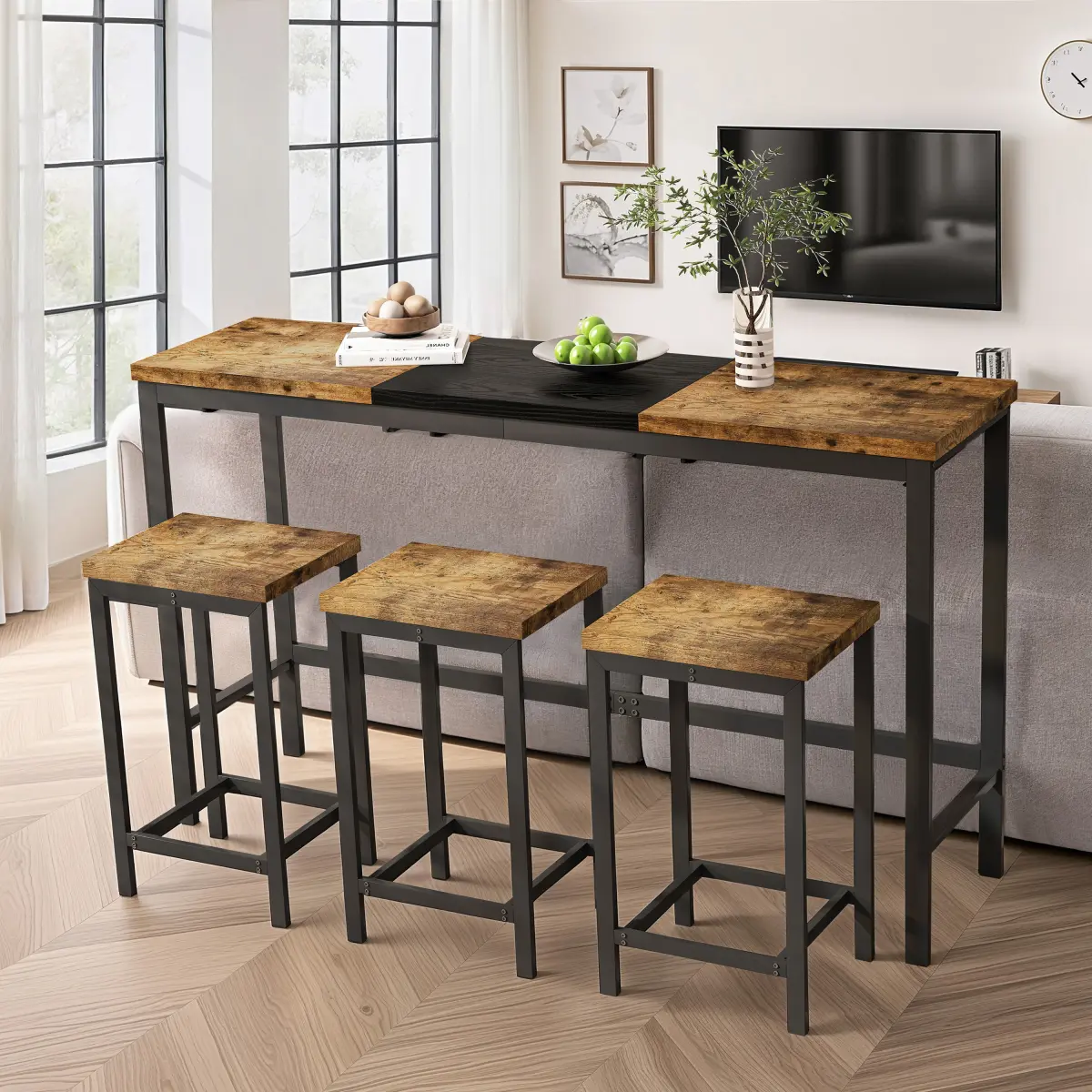 [Bellemave]Modern Design Kitchen Dining Table, Pub Table, Long Dining Table Set with 3 Stools, Convenient Hanging Stool Design, Natural+Black,(Same SKU:W757P146463)