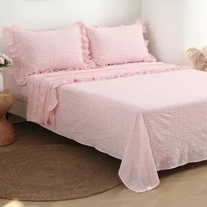 White Plaid Ruffle Gingham Twin XL 4-Piece Sheet Set, 300TC 100% Yarn Dyed Linen Feel Cotton Sheets, 18in Deep Pocket Kids Preppy Bedding Blush/White Plaid