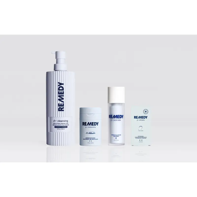 REMEDY Pore Minimizing Protocol - New 12 Oz Gentle Exfoliating Cleanser + Lightweight Gel Moisturizer + Pore Size Treatment + Pimple Patches