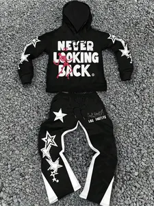 Never Looking Back Skull Star Print Hoodie & Wide Leg Pants Set, High Street Punk Style Two-Piece, Casual Loose Fit, Fall&winter