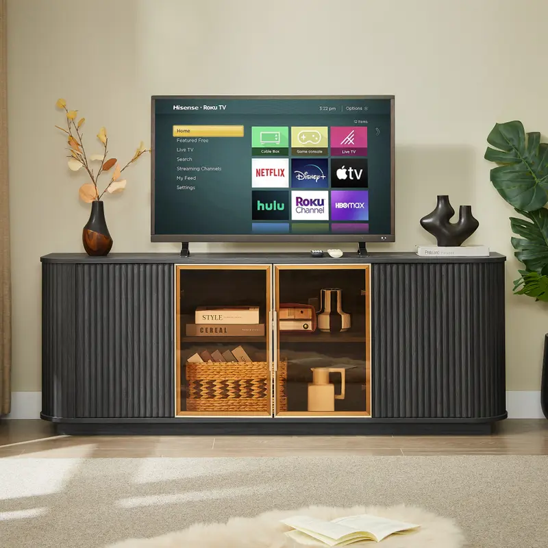 64-Inch Wavy TV Cabinet, Round Sideboard, Wooden Vertical Stripe Storage Cabinet, Aluminum Door Framed Tempered Glass Cabinet for Living Room/Bedroom/Entryway. Black