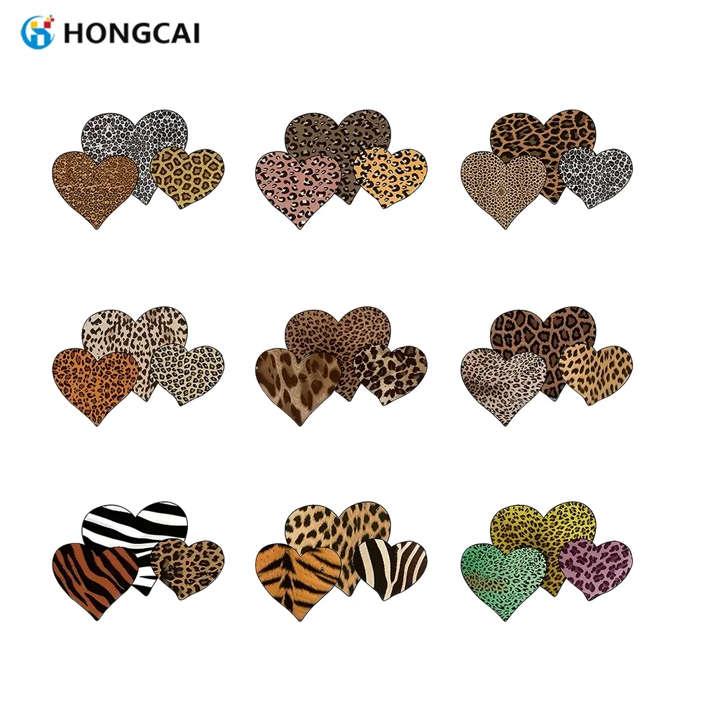 9 Wild Leopard Heart Series Iron-On Patches, Blend Zebra Tiger Patterns, High-Quality Vinyl, Easy Transfer for T-Shirts Hoodies Pillows