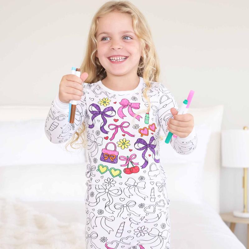 Material Girl Colorable Two Piece Pajama Set with Markers 95% Bamboo Viscose 5% Spandex Breathable for Sensitive Skin True to Size with Extra Room for Growth