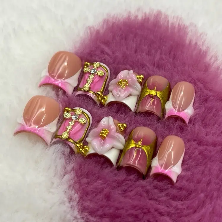 Pink and gold summer vibes press on nails