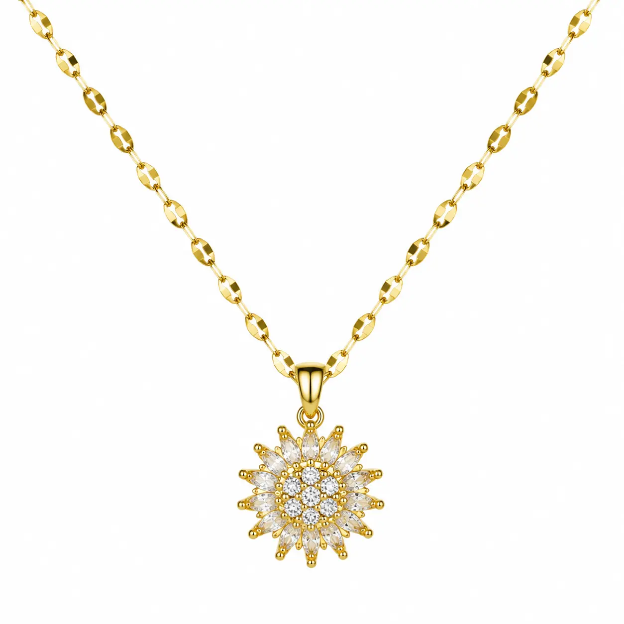 Rotating Sunburst Pendant Necklace for Women, Sparkling CZ Crystal Flower Necklace, 18K Gold Plated Dainty Jewelry Gift