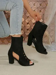Women's Hollow Out Toe Boots, Spring Summer Side Zip Closure Chunky Heel Sandals, Sexy Versatile Mid-Heel Shoes