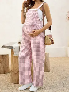 ELLIOTTWII Pregnant Women Plaid Bib Overalls Wide Leg Pants Casual Daily