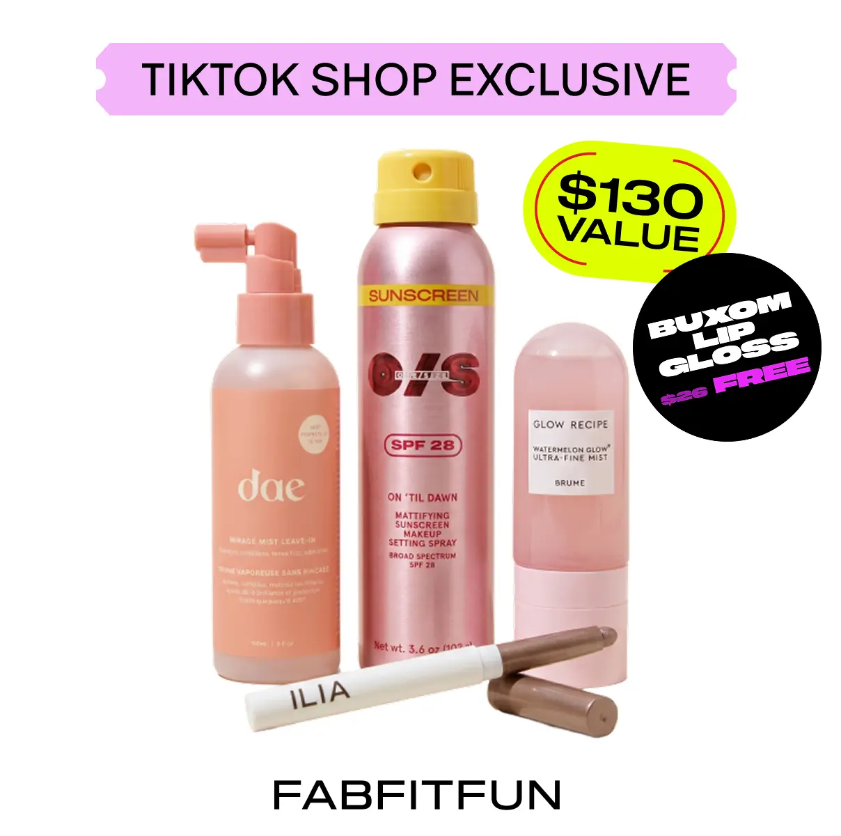 FabFitFun Viral Beauty Faves ($130 Value) | One/Size, Dae, ILIA, Glow Recipe | Setting Spray, Face Mist, Eyeshadow Stick, Leave In Conditioner